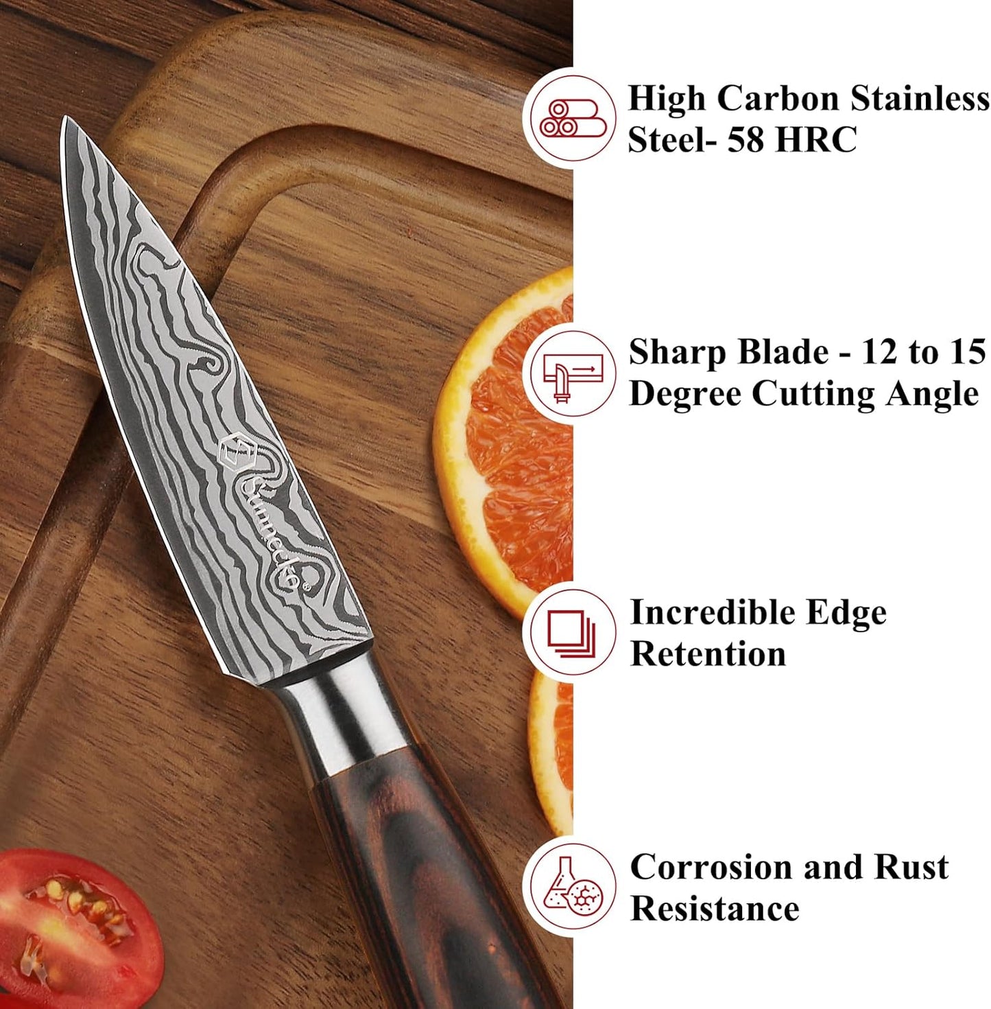 Small Kitchen Knife 3.5 Inch Paring Knife High Carbon Stainless Steel Fruit Knife with Wood Handle, Sharp Knife for Cutting Tomatoes with Gift Box