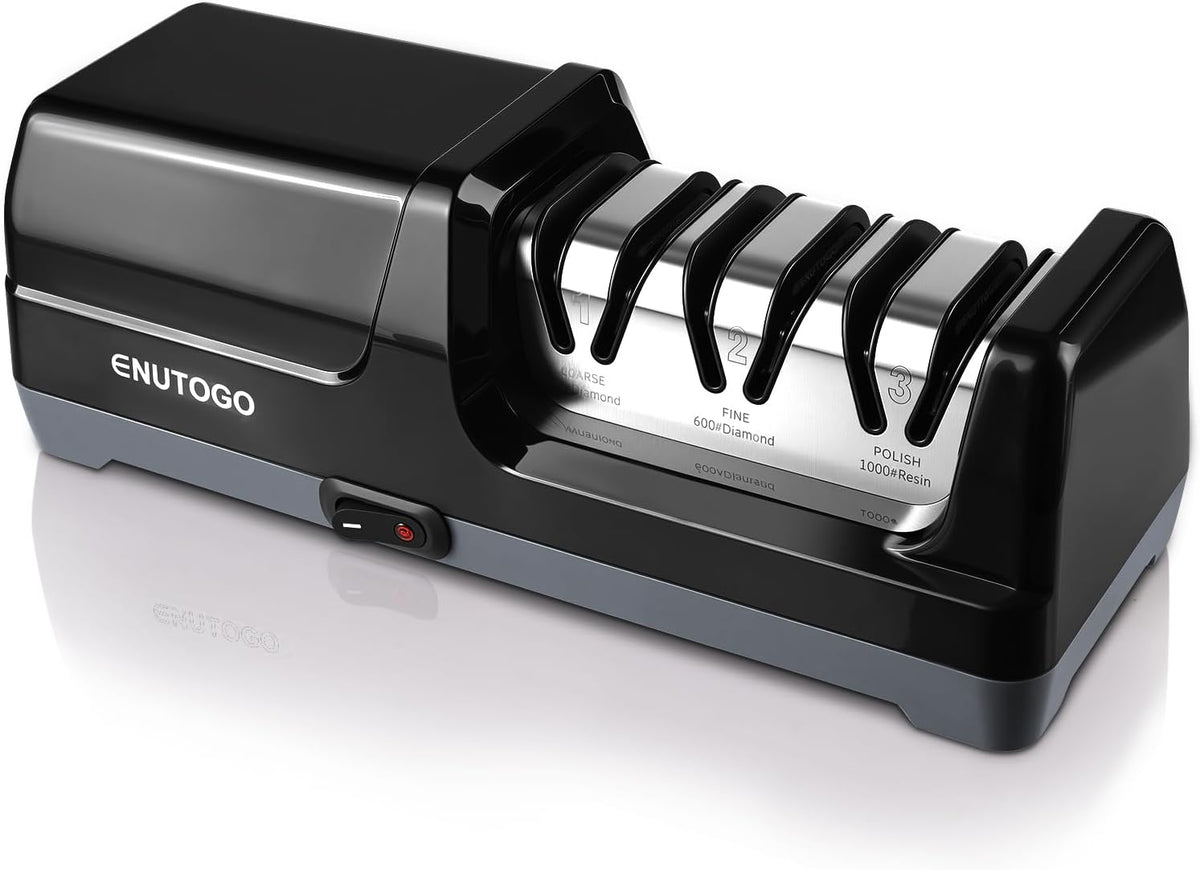 Knife Sharpener, 3-Stage Electric Knife Sharpener for Kitchen Knives, 100% Diamond Abrasive with Quick Sharpening & Polishing, Professional Sharpening Tool with Metal Dust Collection Box