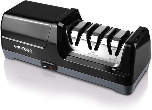 Knife Sharpener, 3-Stage Electric Knife Sharpener for Kitchen Knives, 100% Diamond Abrasive with Quick Sharpening & Polishing, Professional Sharpening Tool with Metal Dust Collection Box