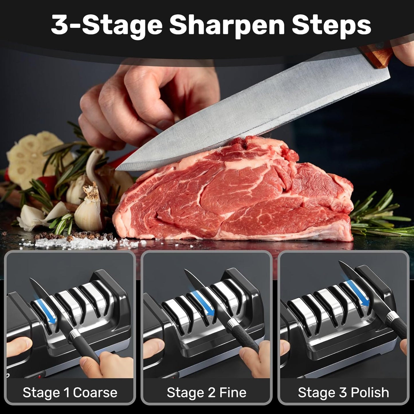 Knife Sharpener, 3-Stage Electric Knife Sharpener for Kitchen Knives, 100% Diamond Abrasive with Quick Sharpening & Polishing, Professional Sharpening Tool with Metal Dust Collection Box