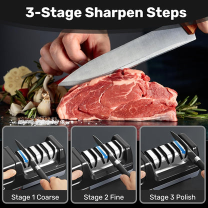 Knife Sharpener, 3-Stage Electric Knife Sharpener for Kitchen Knives, 100% Diamond Abrasive with Quick Sharpening & Polishing, Professional Sharpening Tool with Metal Dust Collection Box
