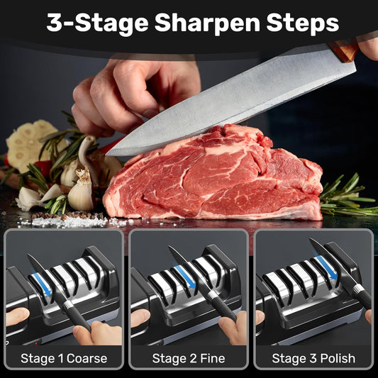 Knife Sharpener, 3-Stage Electric Knife Sharpener for Kitchen Knives, 100% Diamond Abrasive with Quick Sharpening & Polishing, Professional Sharpening Tool with Metal Dust Collection Box