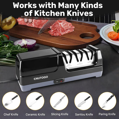 Knife Sharpener, 3-Stage Electric Knife Sharpener for Kitchen Knives, 100% Diamond Abrasive with Quick Sharpening & Polishing, Professional Sharpening Tool with Metal Dust Collection Box