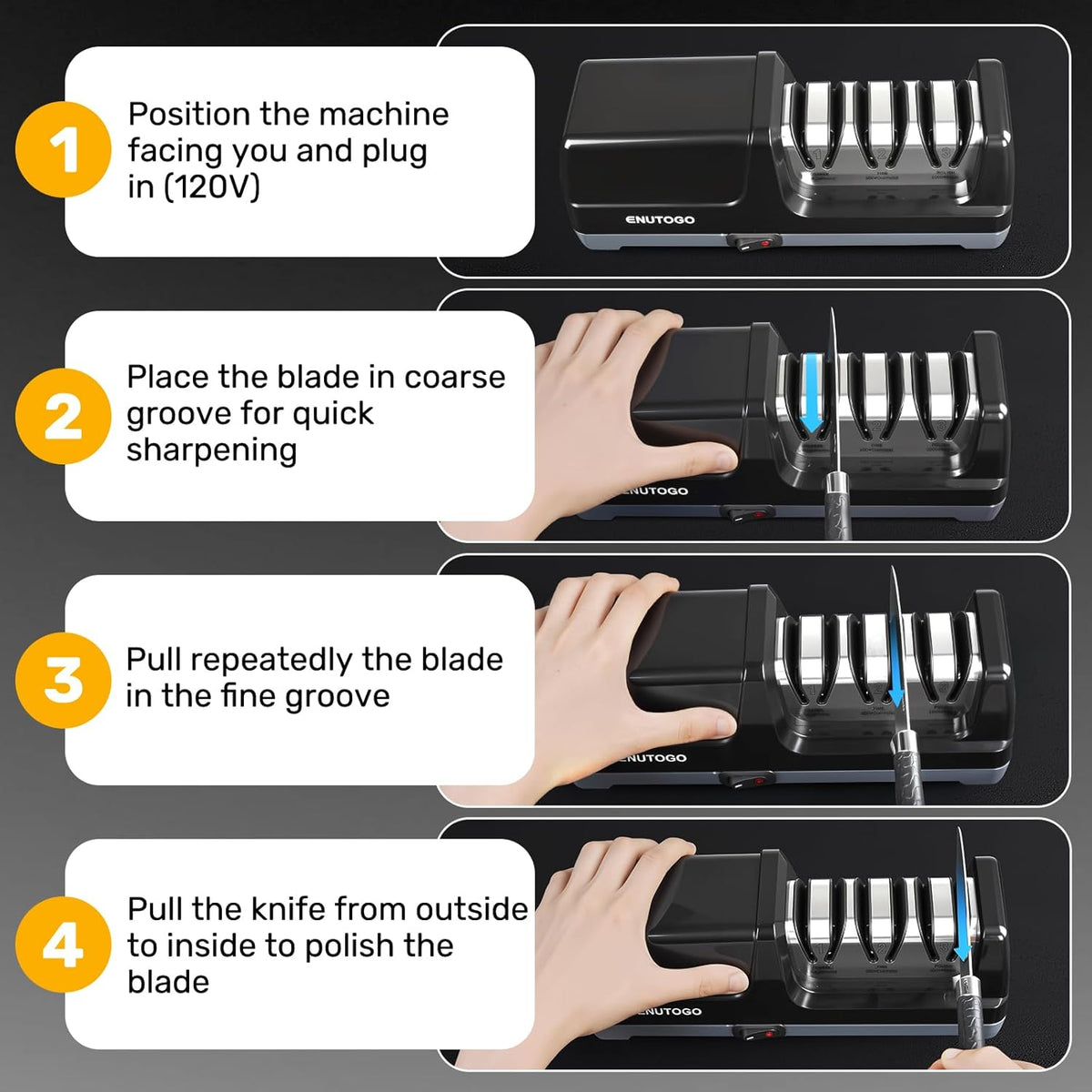 Knife Sharpener, 3-Stage Electric Knife Sharpener for Kitchen Knives, 100% Diamond Abrasive with Quick Sharpening & Polishing, Professional Sharpening Tool with Metal Dust Collection Box
