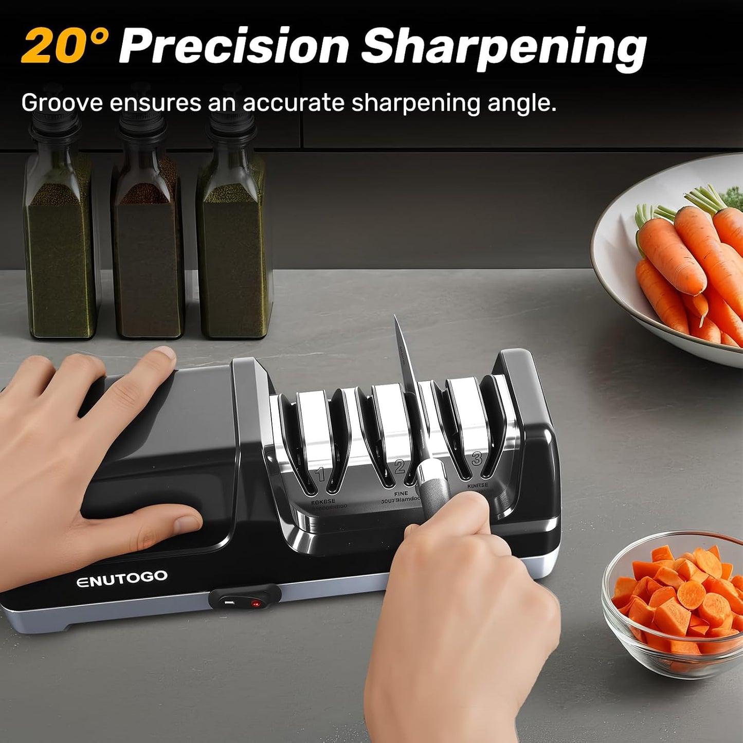 Knife Sharpener, 3-Stage Electric Knife Sharpener for Kitchen Knives, 100% Diamond Abrasive with Quick Sharpening & Polishing, Professional Sharpening Tool with Metal Dust Collection Box