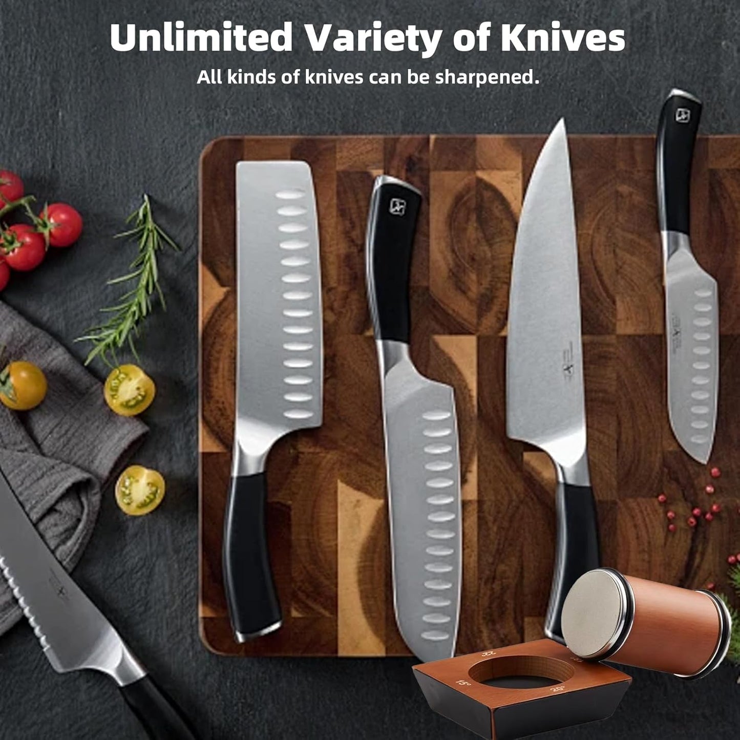 Rolling Knife Sharpener, Multi-Angle Knife Sharpening Tool with Industry Diamonds for Kitchen Knives - Knife Sharpener Kit Offers 15, 20, 18, 22 Degree Sharpening, large, Wood