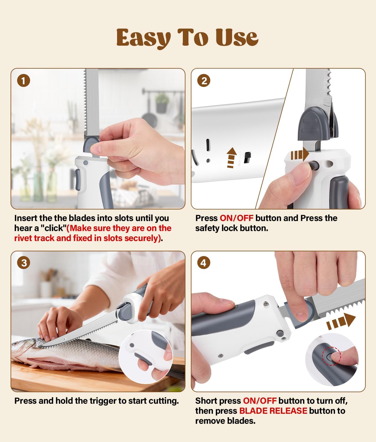Cordless Electric Knife for Meat Slicing, 8V Electric Carving Knife for Fish, Bread, Turkey, Rechargeable Meat Cutter with Reciprocating Stainless Steel Blades, Safety Lock
