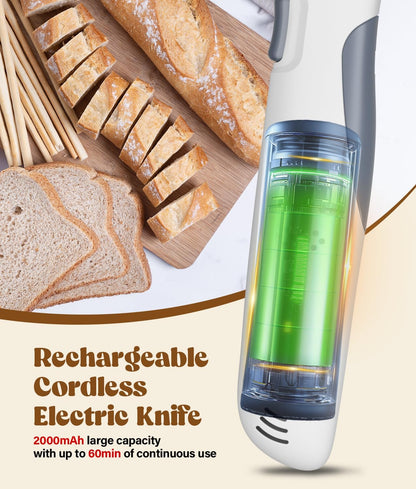 Cordless Electric Knife for Meat Slicing, 8V Electric Carving Knife for Fish, Bread, Turkey, Rechargeable Meat Cutter with Reciprocating Stainless Steel Blades, Safety Lock