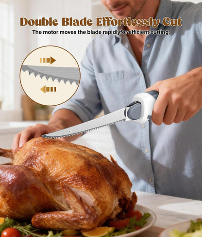 Cordless Electric Knife for Meat Slicing, 8V Electric Carving Knife for Fish, Bread, Turkey, Rechargeable Meat Cutter with Reciprocating Stainless Steel Blades, Safety Lock
