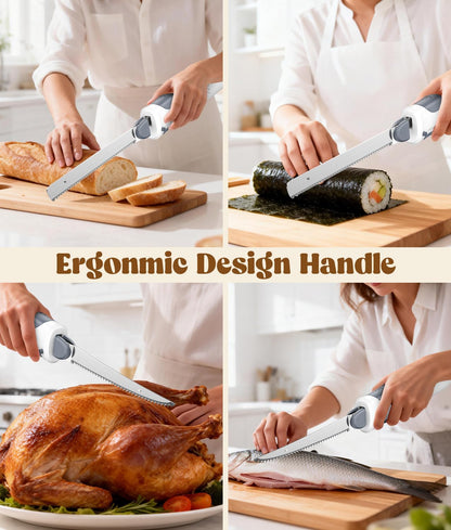 Cordless Electric Knife for Meat Slicing, 8V Electric Carving Knife for Fish, Bread, Turkey, Rechargeable Meat Cutter with Reciprocating Stainless Steel Blades, Safety Lock