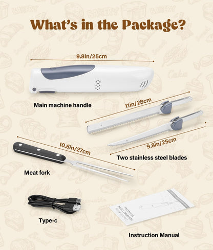 Cordless Electric Knife for Meat Slicing, 8V Electric Carving Knife for Fish, Bread, Turkey, Rechargeable Meat Cutter with Reciprocating Stainless Steel Blades, Safety Lock