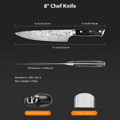 8" Chef Knife,High Carbon Stainless Steel Chef Knife,kitchen knife with Finger Guard and Knife Sharpener,Chef Knife Gift Box for Family and Friends