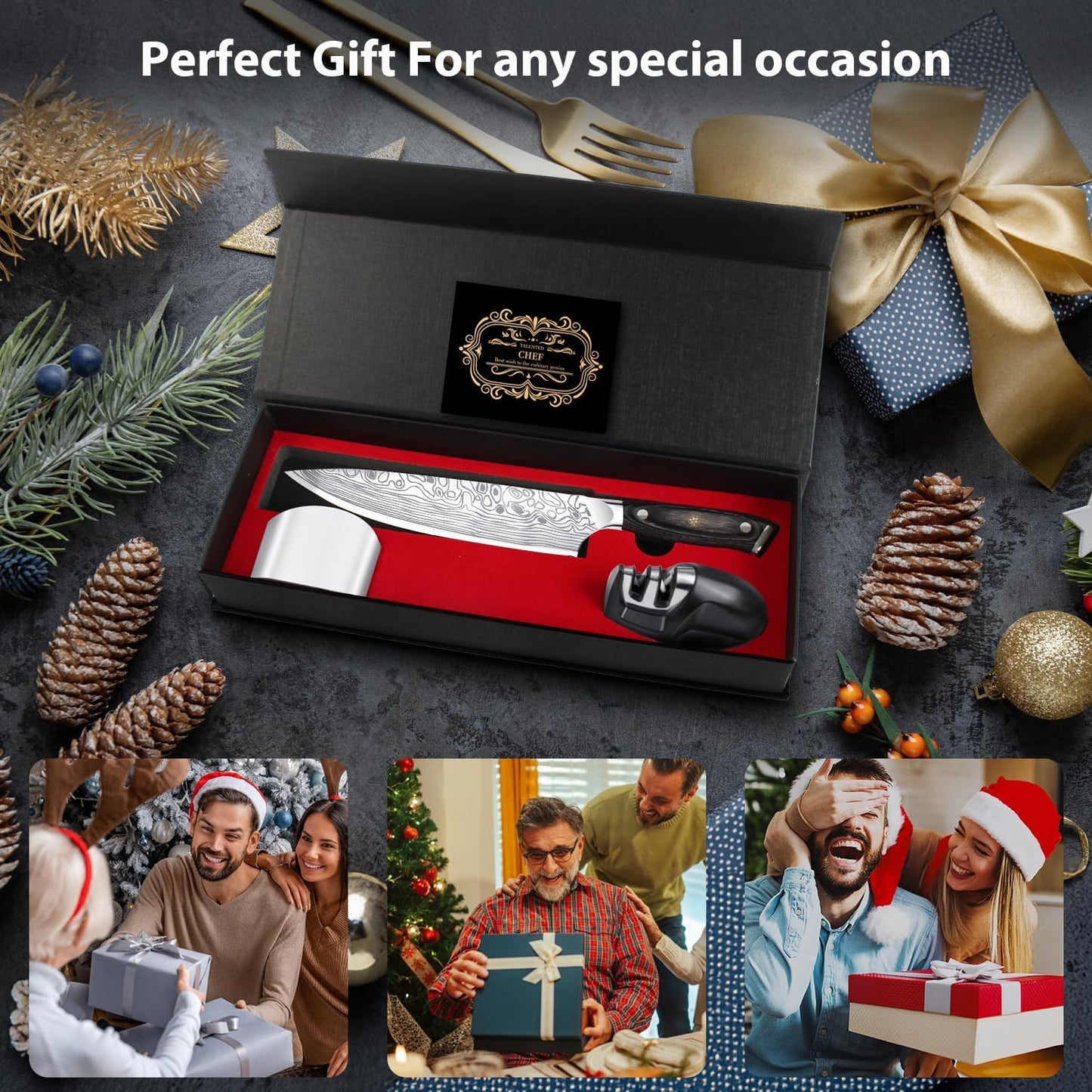 8" Chef Knife,High Carbon Stainless Steel Chef Knife,kitchen knife with Finger Guard and Knife Sharpener,Chef Knife Gift Box for Family and Friends
