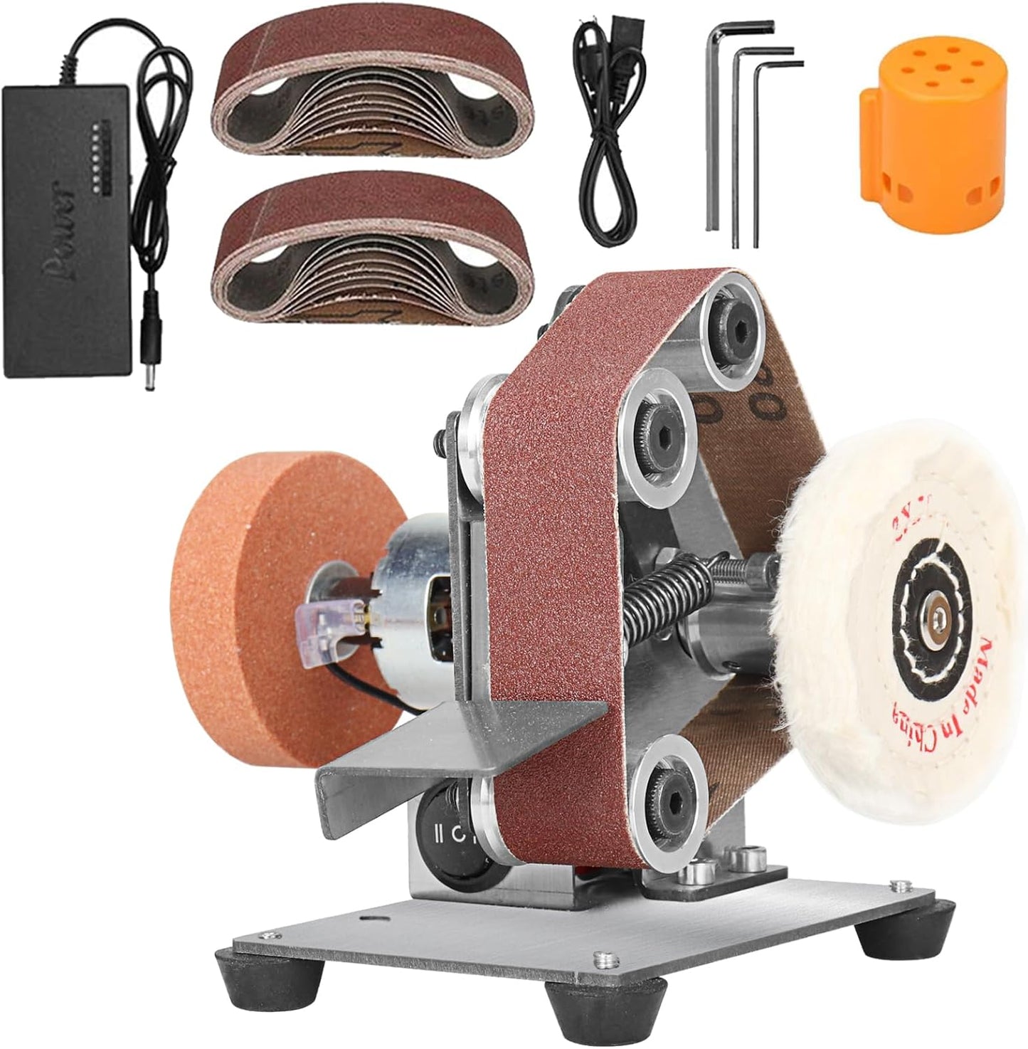 3-In-1 Mini Belt Sander - 15 Degree Knife Sharpener Electric Bench Grinder Sanding Machine, 7 Adjustable Speed Buffer Polisher for Metal Wood DIY Handcraft, Tool & Knife Sharpening (Plus Kit)