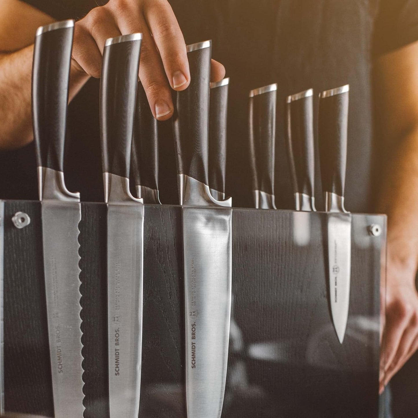 Schmidt Brothers - Black Midtown Magnetic Knife Block, Universal Cutlery Storage For 8-10, Acacia Hardwood and Acrylic Shield