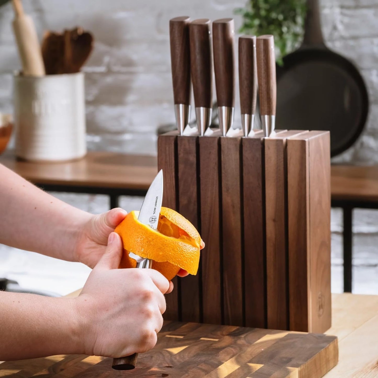 Schmidt Brothers - Black Midtown Magnetic Knife Block, Universal Cutlery Storage For 8-10, Acacia Hardwood and Acrylic Shield