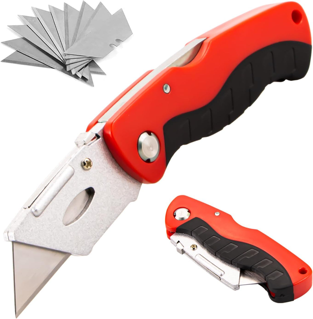 Box Cutter with 10 Extra Blades, Heavy Duty Folding Utility Knife for Cardboard, Carton, Carpet Cutting, Anti-slip Rubber & ABS Handle, Quick Replace Blade