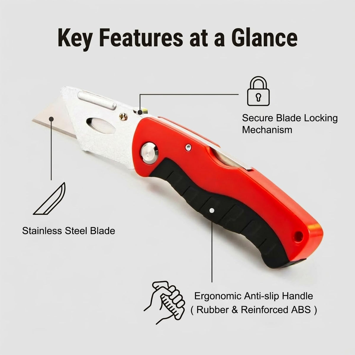 Box Cutter with 10 Extra Blades, Heavy Duty Folding Utility Knife for Cardboard, Carton, Carpet Cutting, Anti-slip Rubber & ABS Handle, Quick Replace Blade