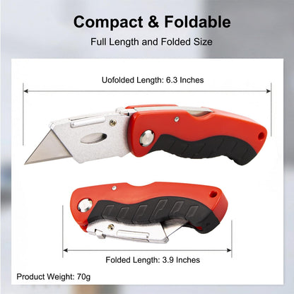 Box Cutter with 10 Extra Blades, Heavy Duty Folding Utility Knife for Cardboard, Carton, Carpet Cutting, Anti-slip Rubber & ABS Handle, Quick Replace Blade