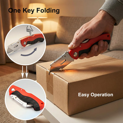 Box Cutter with 10 Extra Blades, Heavy Duty Folding Utility Knife for Cardboard, Carton, Carpet Cutting, Anti-slip Rubber & ABS Handle, Quick Replace Blade