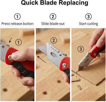 Box Cutter with 10 Extra Blades, Heavy Duty Folding Utility Knife for Cardboard, Carton, Carpet Cutting, Anti-slip Rubber & ABS Handle, Quick Replace Blade