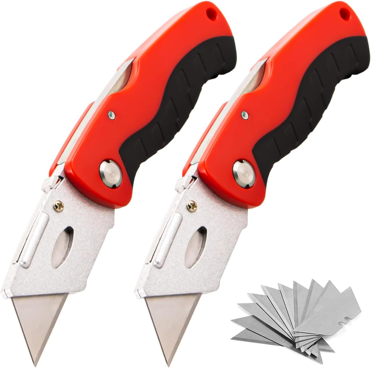 Box Cutter with 10 Extra Blades, Heavy Duty Folding Utility Knife for Cardboard, Carton, Carpet Cutting, Anti-slip Rubber & ABS Handle, Quick Replace Blade