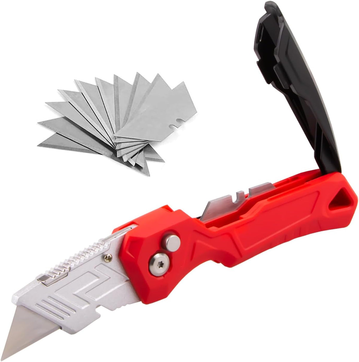 Box Cutter with 10 Extra Blades, Heavy Duty Folding Utility Knife for Cardboard, Carton, Carpet Cutting, Anti-slip Rubber & ABS Handle, Quick Replace Blade