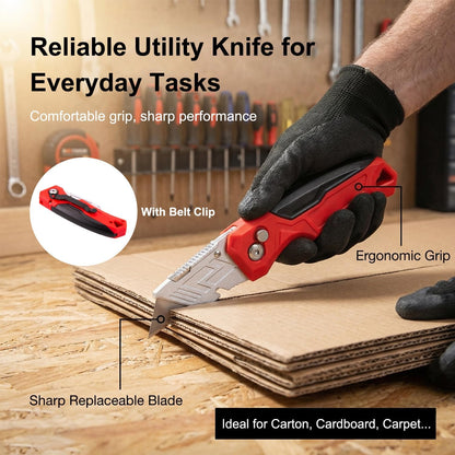 Box Cutter with 10 Extra Blades, Heavy Duty Folding Utility Knife for Cardboard, Carton, Carpet Cutting, Anti-slip Rubber & ABS Handle, Quick Replace Blade