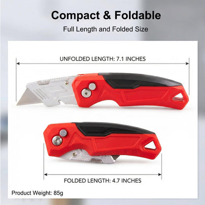 Box Cutter with 10 Extra Blades, Heavy Duty Folding Utility Knife for Cardboard, Carton, Carpet Cutting, Anti-slip Rubber & ABS Handle, Quick Replace Blade