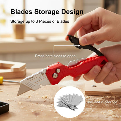 Box Cutter with 10 Extra Blades, Heavy Duty Folding Utility Knife for Cardboard, Carton, Carpet Cutting, Anti-slip Rubber & ABS Handle, Quick Replace Blade