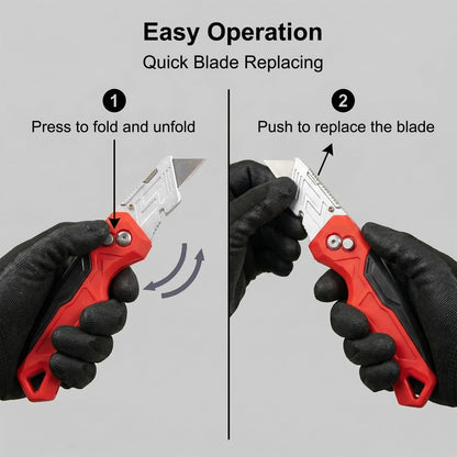 Box Cutter with 10 Extra Blades, Heavy Duty Folding Utility Knife for Cardboard, Carton, Carpet Cutting, Anti-slip Rubber & ABS Handle, Quick Replace Blade