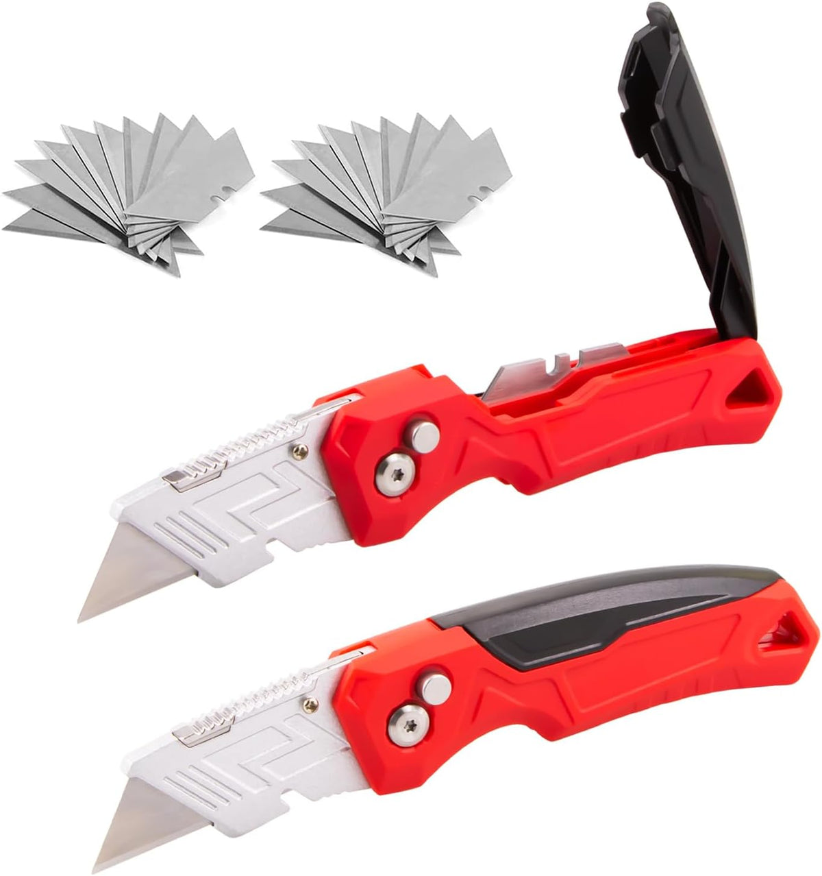 Box Cutter with 10 Extra Blades, Heavy Duty Folding Utility Knife for Cardboard, Carton, Carpet Cutting, Anti-slip Rubber & ABS Handle, Quick Replace Blade