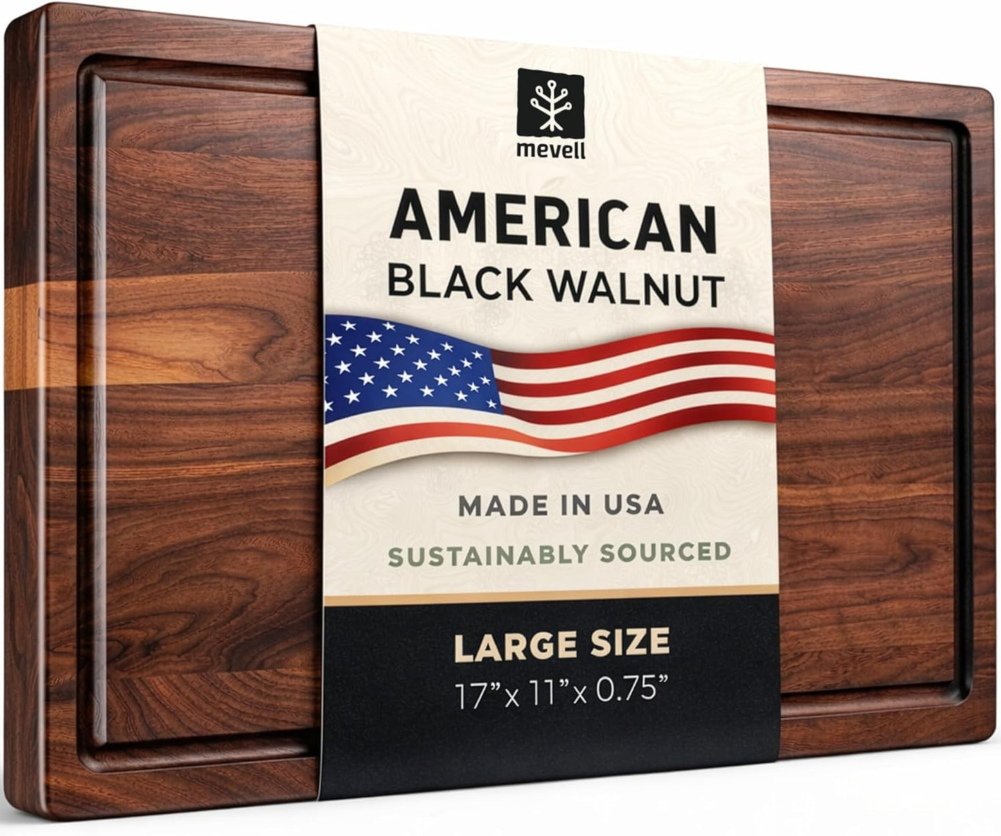 Walnut Wood Cutting Board for Kitchen, Reversible Wooden Cutting Board With Juice Grooves - Chopping Board, Charcuterie Serving Tray Made in USA (Walnut, 17x11x0.75)