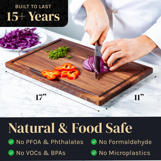 Walnut Wood Cutting Board for Kitchen, Reversible Wooden Cutting Board With Juice Grooves - Chopping Board, Charcuterie Serving Tray Made in USA (Walnut, 17x11x0.75)