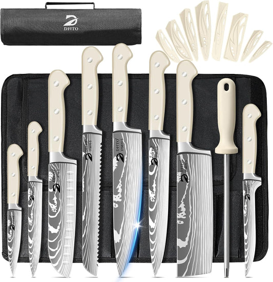 Chef Knife Set with Roll Bag, Sharp Kitchen Knife Set with Sharpener | High Carbon Stainless Steel 9PCS Kitchen Knife Set with Anti-Slip Ergonomic Handle for Camping, Travel, BBQ, RV or Gift Beige