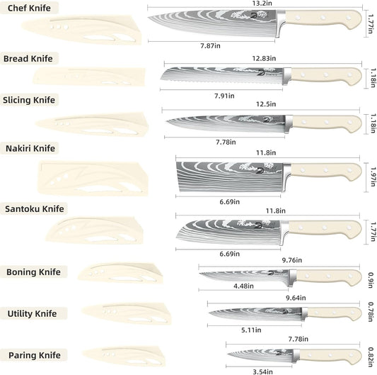 Chef Knife Set with Roll Bag, Sharp Kitchen Knife Set with Sharpener | High Carbon Stainless Steel 9PCS Kitchen Knife Set with Anti-Slip Ergonomic Handle for Camping, Travel, BBQ, RV or Gift Beige