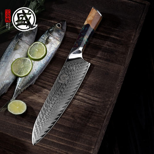 8.5-Inch Japanese Santoku Knife, 67-Layer VG-10 Damascus | HRC 60±2 Hardness, Deep-Cryo Treated Blade, Precise Cutting Control, Maple Wood Handle, Sandalwood Box