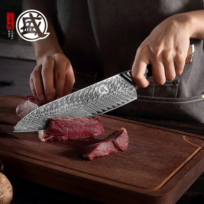 8.5-Inch Japanese Santoku Knife, 67-Layer VG-10 Damascus | HRC 60±2 Hardness, Deep-Cryo Treated Blade, Precise Cutting Control, Maple Wood Handle, Sandalwood Box