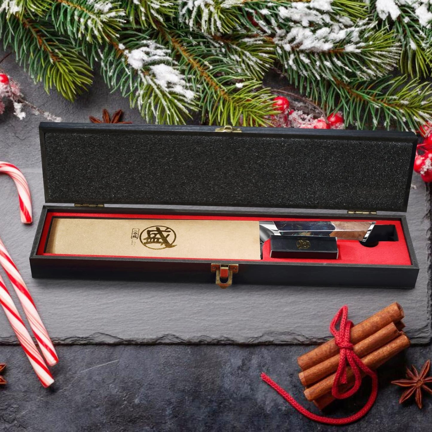 8.5-Inch Japanese Santoku Knife, 67-Layer VG-10 Damascus | HRC 60±2 Hardness, Deep-Cryo Treated Blade, Precise Cutting Control, Maple Wood Handle, Sandalwood Box