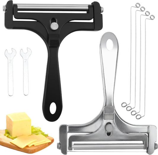 2PCS Wire Cheese Slicer, Stainless Steel Cutter with 4 Replacement Wires | Adjustable Thickness Shaver for Cheddar, Mozzarella, Ham and Fruit, Black