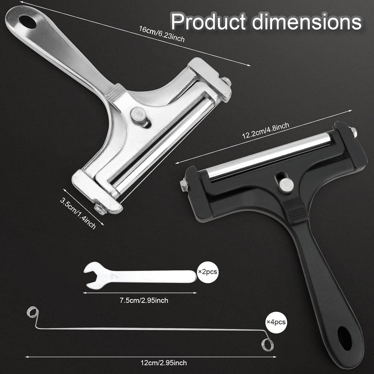 2PCS Wire Cheese Slicer, Stainless Steel Cutter with 4 Replacement Wires | Adjustable Thickness Shaver for Cheddar, Mozzarella, Ham and Fruit, Black