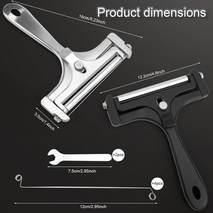 2PCS Wire Cheese Slicer, Stainless Steel Cutter with 4 Replacement Wires | Adjustable Thickness Shaver for Cheddar, Mozzarella, Ham and Fruit, Black