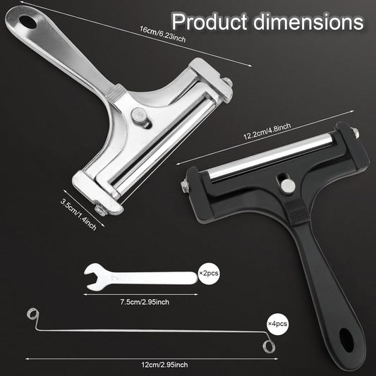 2PCS Wire Cheese Slicer, Stainless Steel Cutter with 4 Replacement Wires | Adjustable Thickness Shaver for Cheddar, Mozzarella, Ham and Fruit, Black