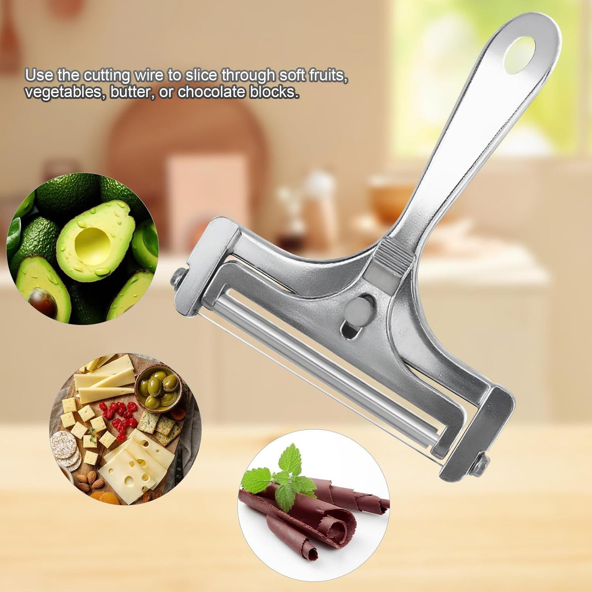 2PCS Wire Cheese Slicer, Stainless Steel Cutter with 4 Replacement Wires | Adjustable Thickness Shaver for Cheddar, Mozzarella, Ham and Fruit, Black
