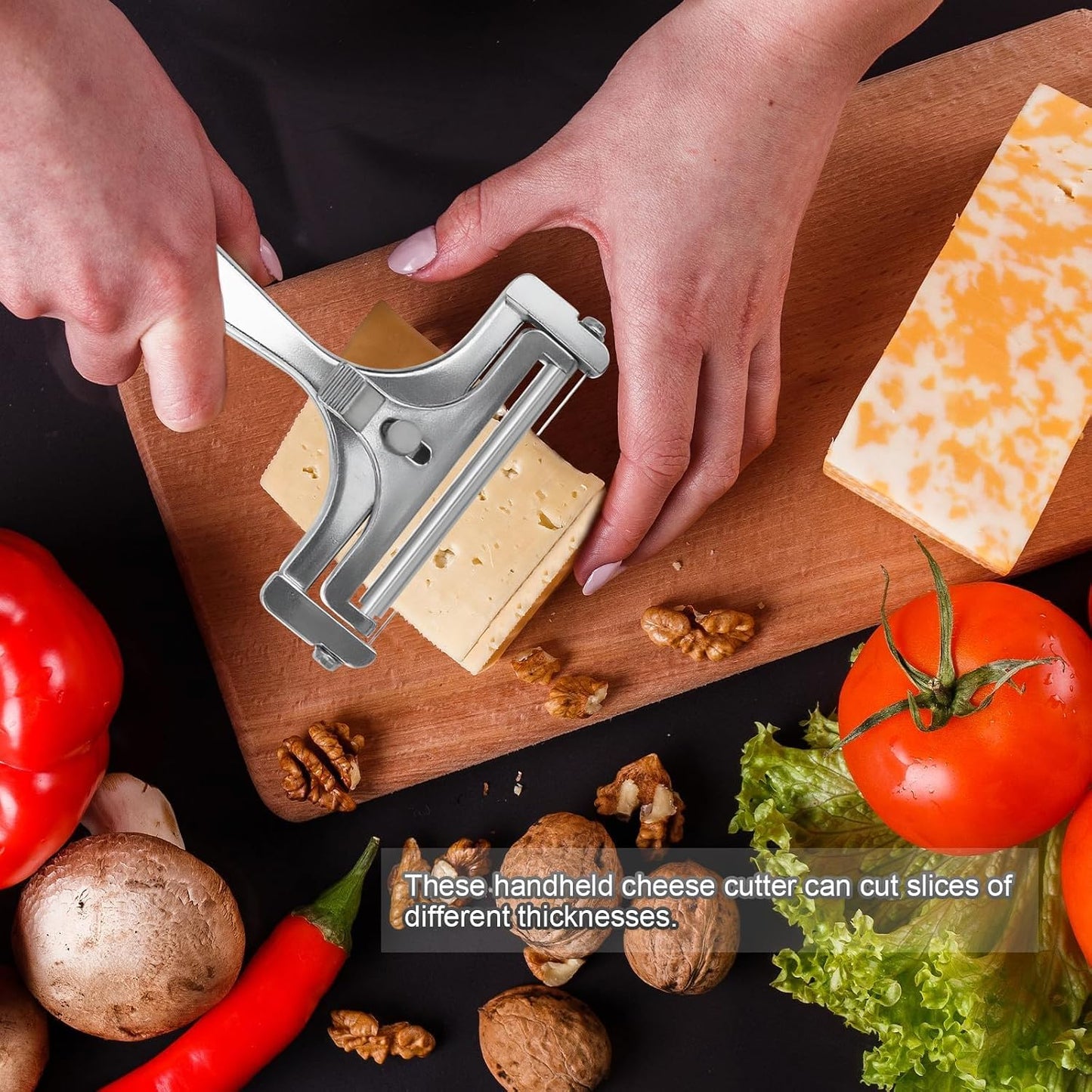 2PCS Wire Cheese Slicer, Stainless Steel Cutter with 4 Replacement Wires | Adjustable Thickness Shaver for Cheddar, Mozzarella, Ham and Fruit, Black