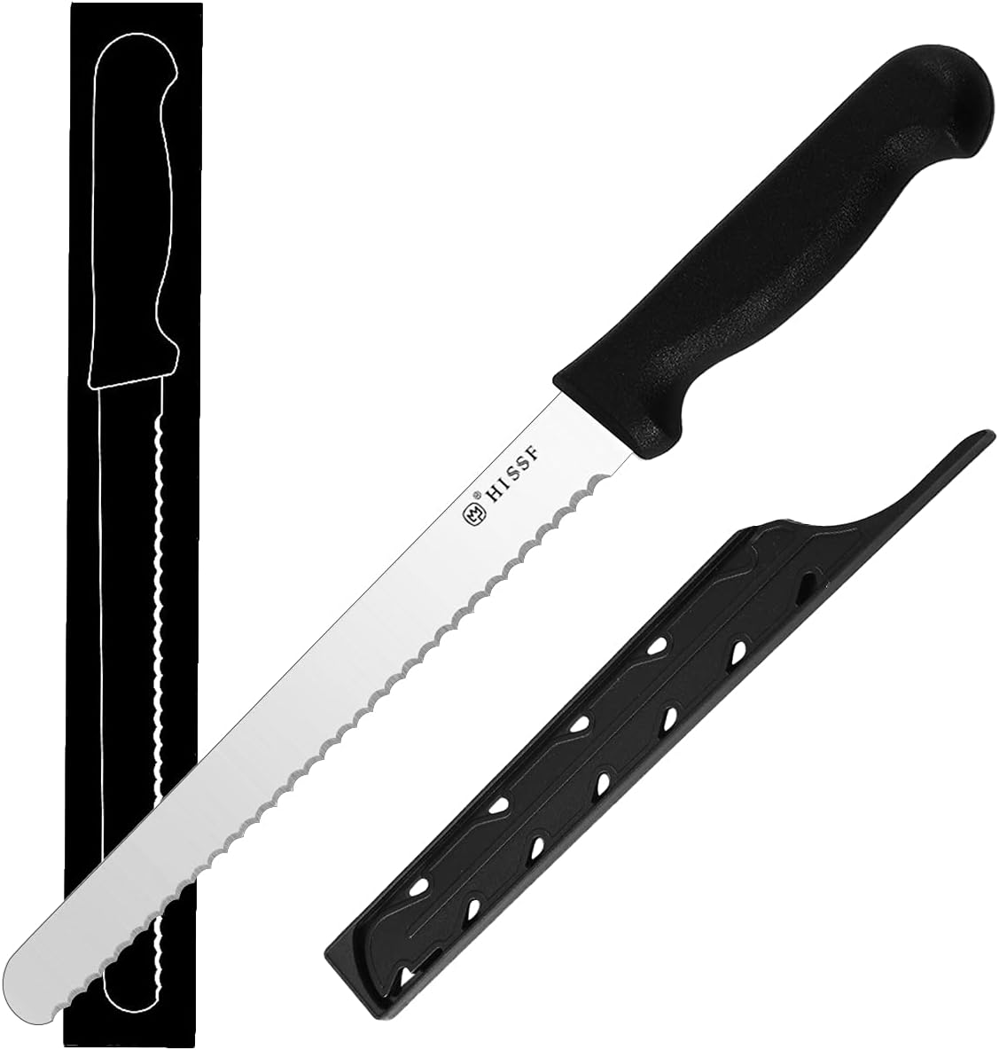 Serrated Bread Knife With Sheath 10 Inch, Black Upgraded Stainless Steel Razor Sharp Wavy Edge Wide Bread Cutter, For Slicing Homemade Bread, Bagels, Cake,Dishwasher Safe