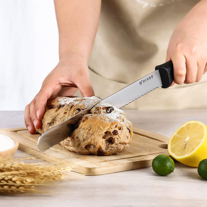 Serrated Bread Knife With Sheath 10 Inch, Black Upgraded Stainless Steel Razor Sharp Wavy Edge Wide Bread Cutter, For Slicing Homemade Bread, Bagels, Cake,Dishwasher Safe