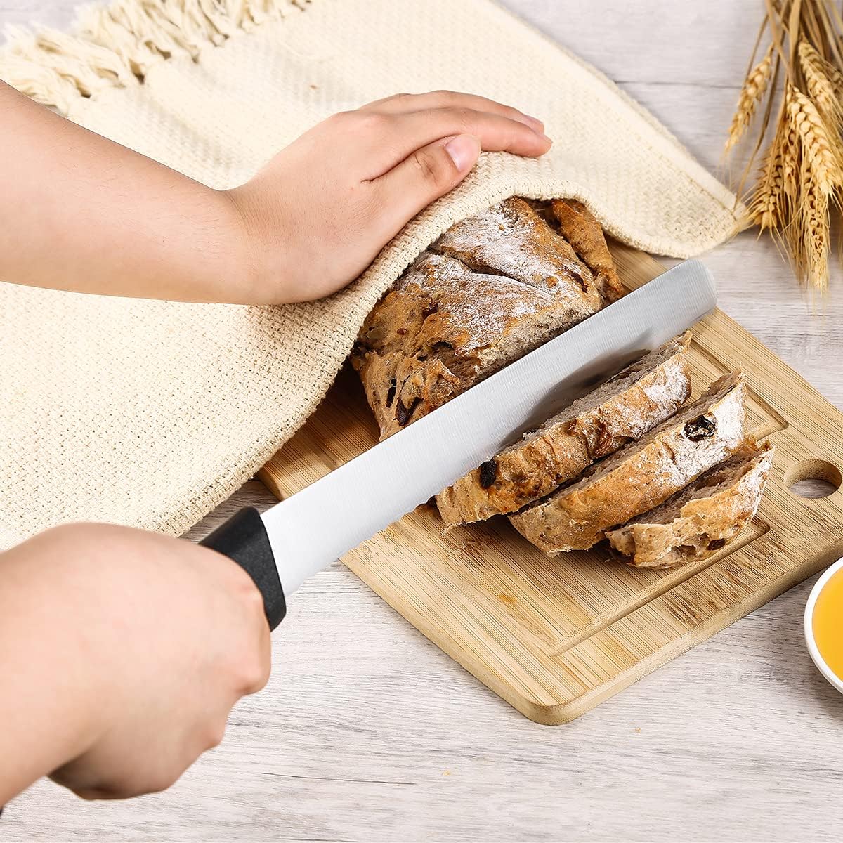 Serrated Bread Knife With Sheath 10 Inch, Black Upgraded Stainless Steel Razor Sharp Wavy Edge Wide Bread Cutter, For Slicing Homemade Bread, Bagels, Cake,Dishwasher Safe