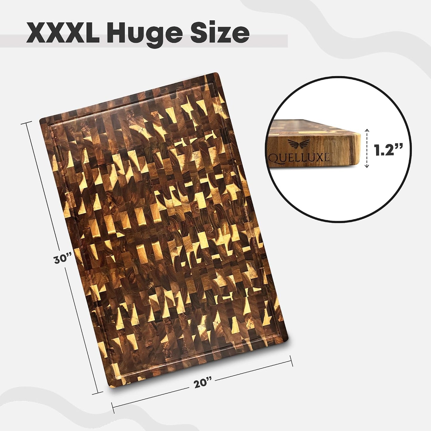 30" x 20" Acacia Wood End Grain Cutting Board Extra Large, XXXL Noodle Board Stove Cover, Heavy-Duty Butcher Block, 3XL Meat Chopping Board, Oversized Turkey Carving Board, Charcuterie Board