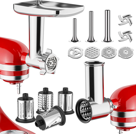 Meat Grinder & Cheese Grater for KitchenAid Stand Mixer, 2-Pc | Stainless Steel Grater, Slicer/Shredder & Food Grinder Attachments, Kitchen Aid Accessories and Attachments